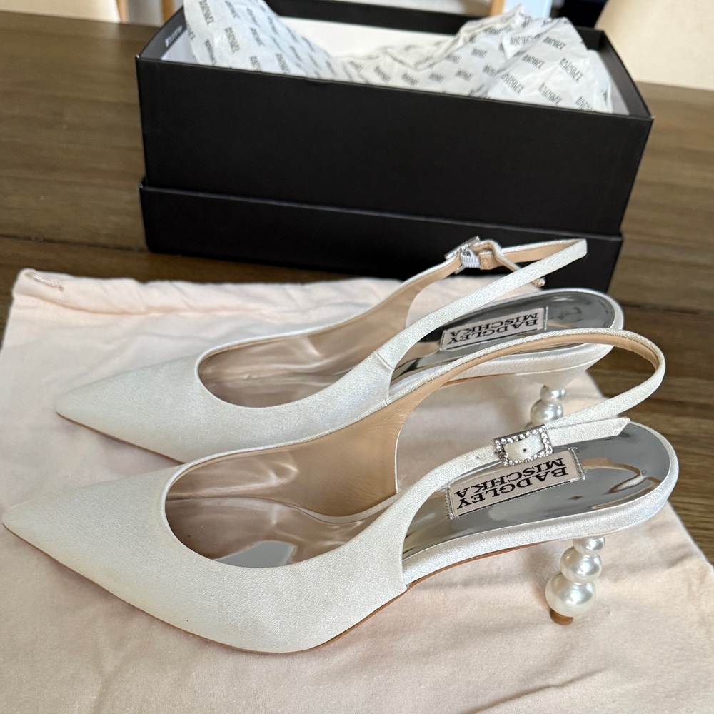 Badgley Mischka Beatrix Pointed-Toe Slingback Heels with Pearl-Beaded Heel - Picture 4 of 6